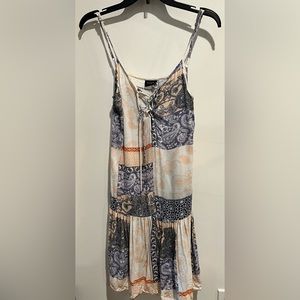 Peach and blue paisley pattern styled dress.